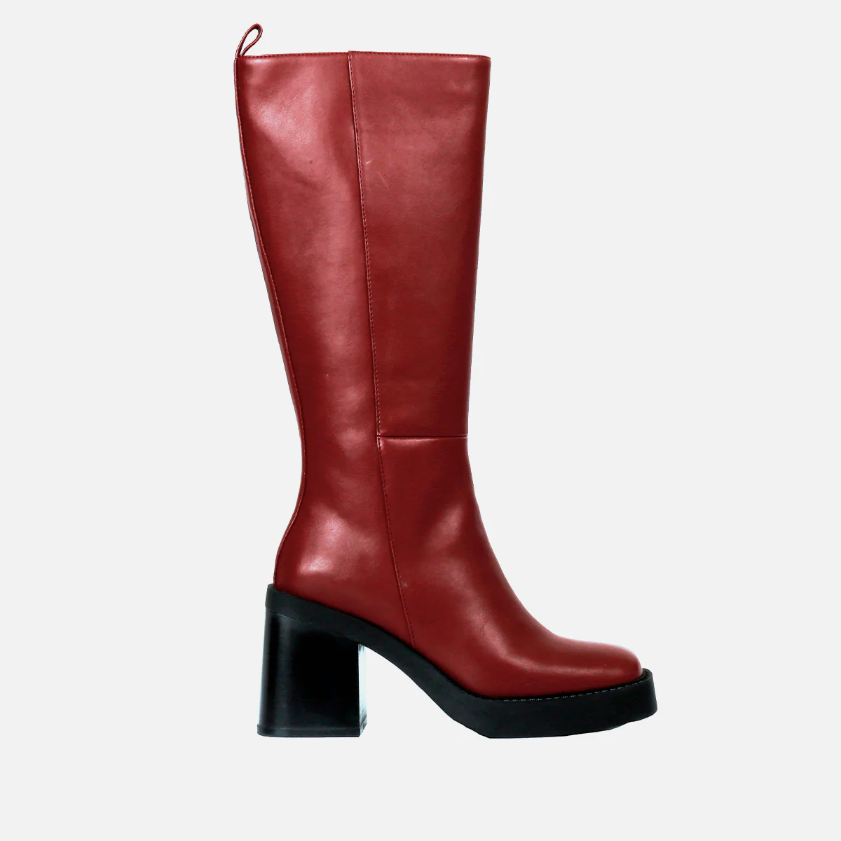 Goeblange women's straight burgundy knee-high boots with square toes, a thick platform and wide heels
