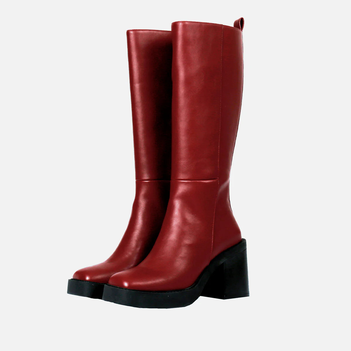 Goeblange women's straight burgundy knee-high boots with square toes, a thick platform and wide heels - Image 2