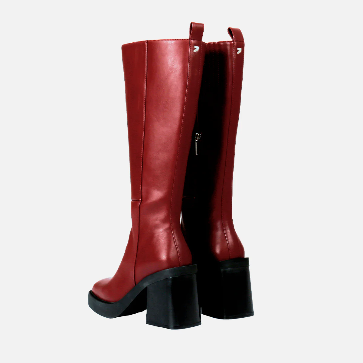 Goeblange women's straight burgundy knee-high boots with square toes, a thick platform and wide heels - Image 3
