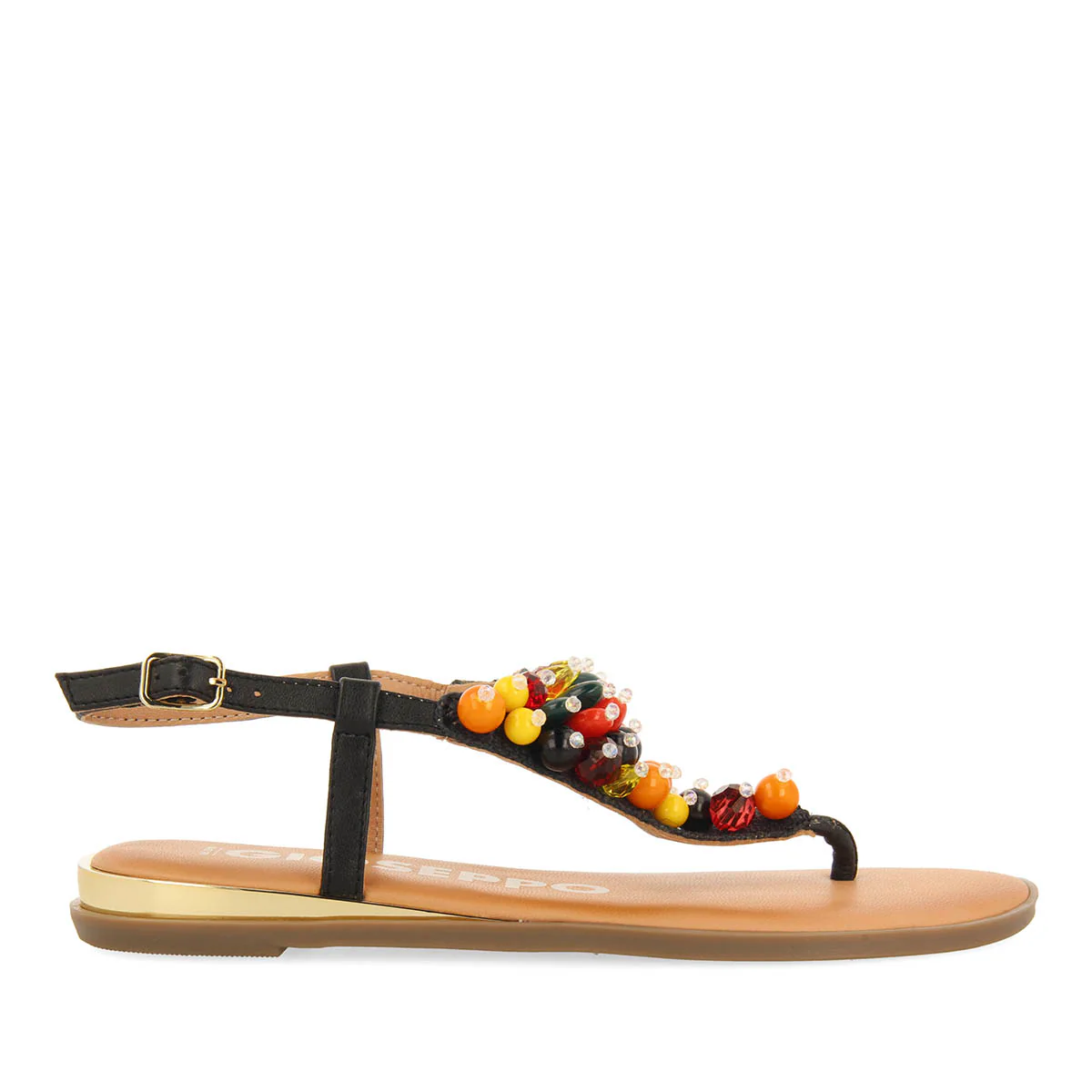 BLACK LEATHER SANDALS WITH MULTICOLOR EMBELLISHMENTS FOR WOMEN LEUCATE