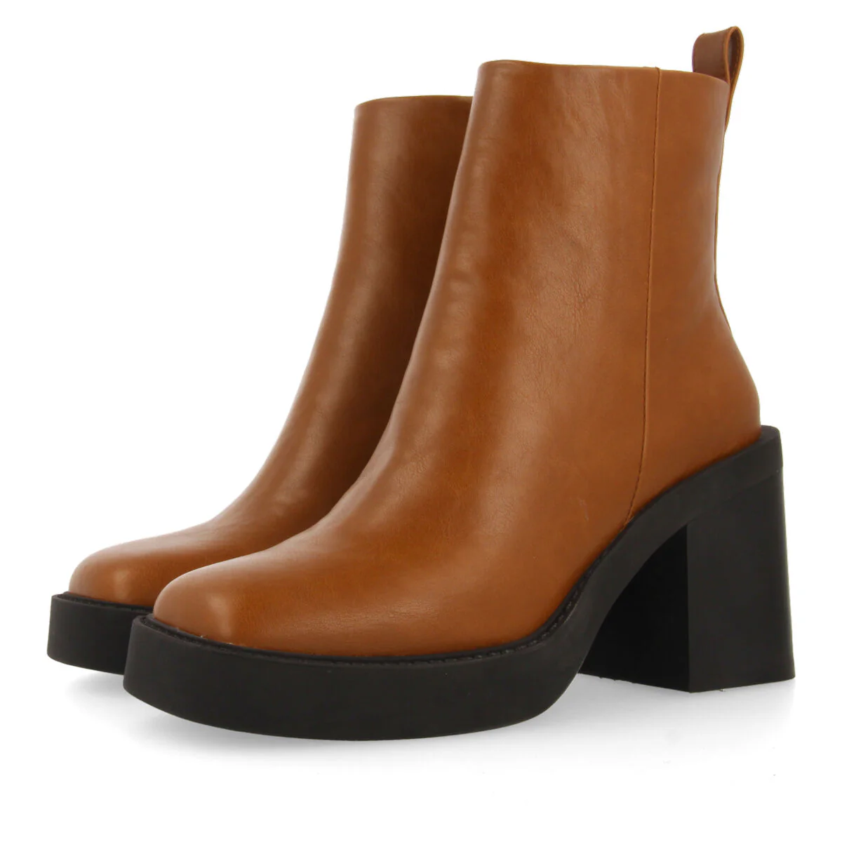 Altrier women's tan ankle boots with square toes, thick platforms and wide heels - Image 2