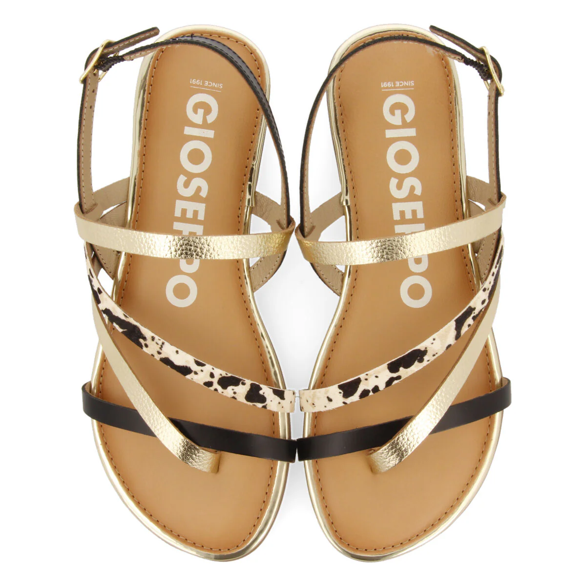 Aracu women's sandals with gold straps and cow print - Image 3