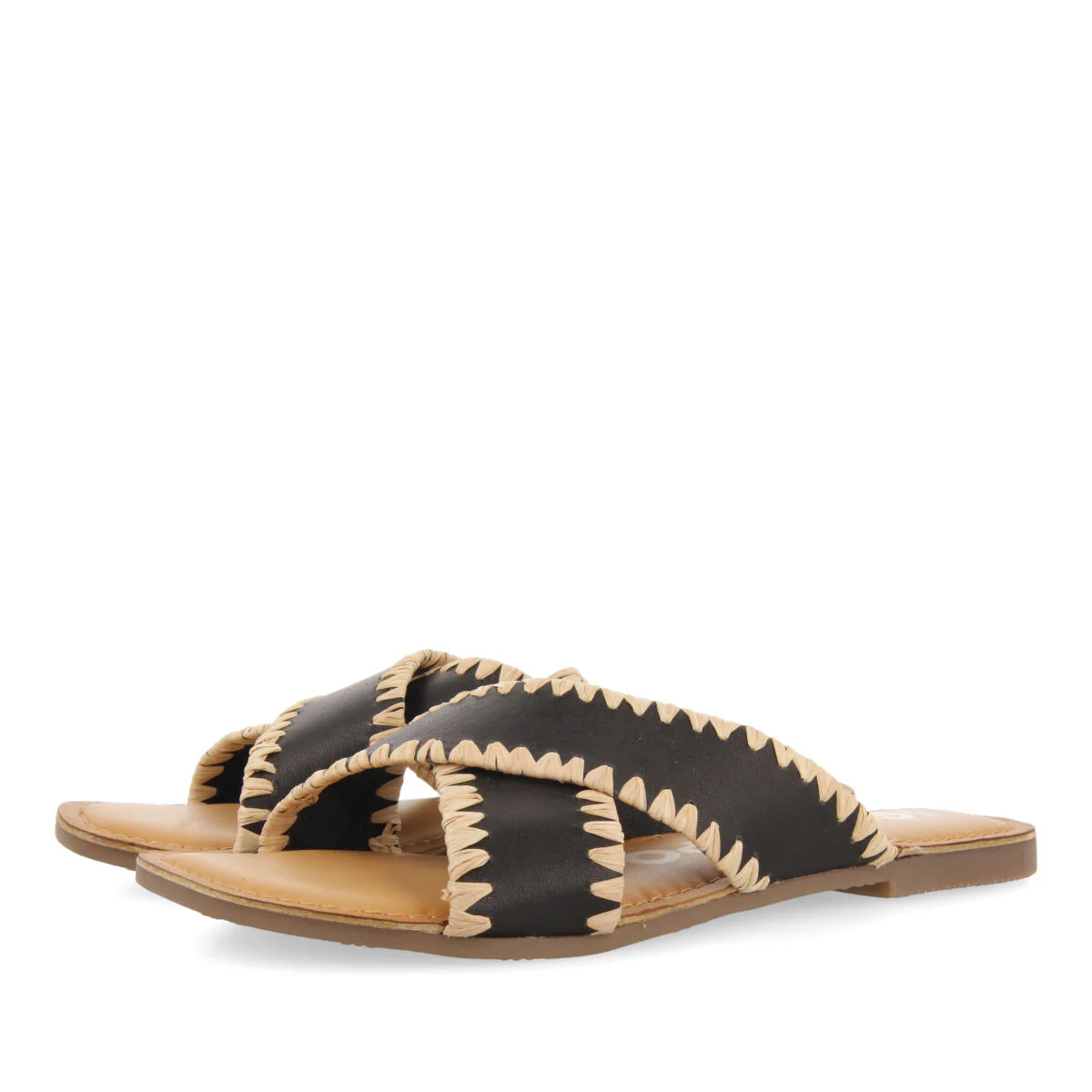 Assu women's black leather sandals with raffia stitching - Image 3