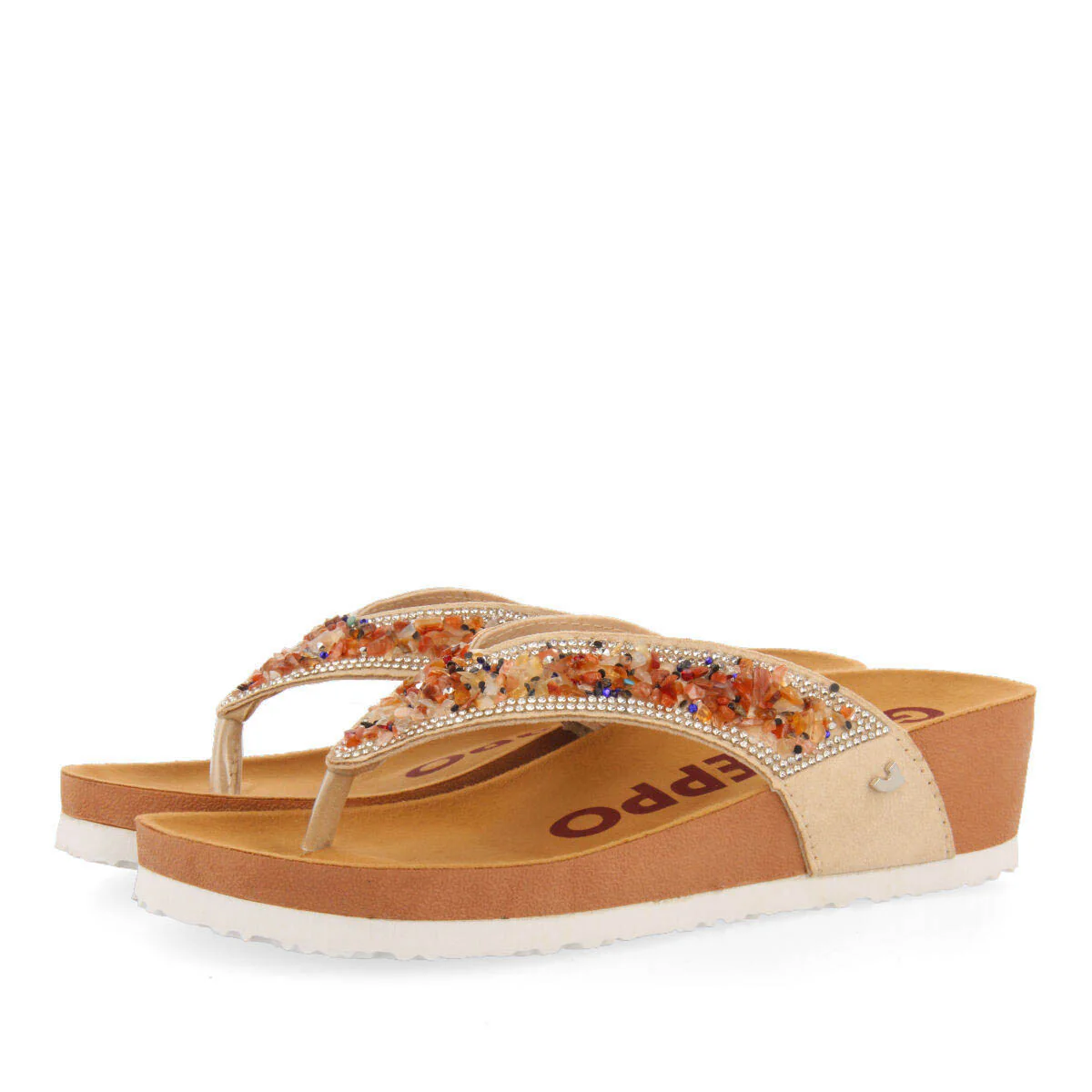 Athis women's beige footbed wedges with decorative multicoloured stones - Image 2