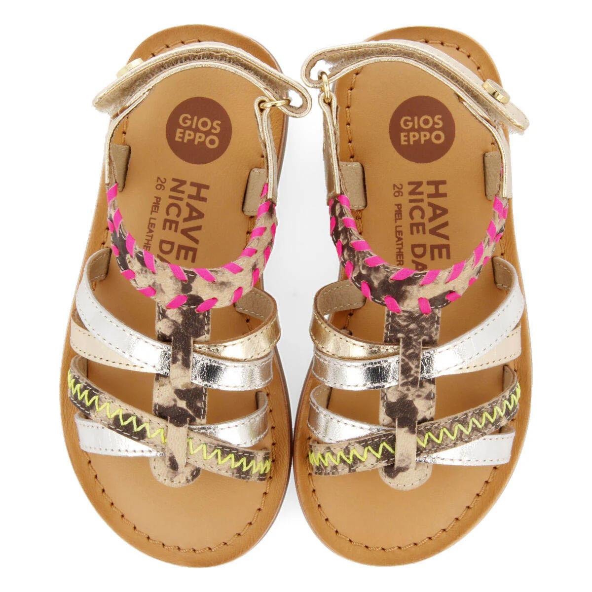 Benowa girls multicoloured leather sandals with neon and animalrint - Image 3