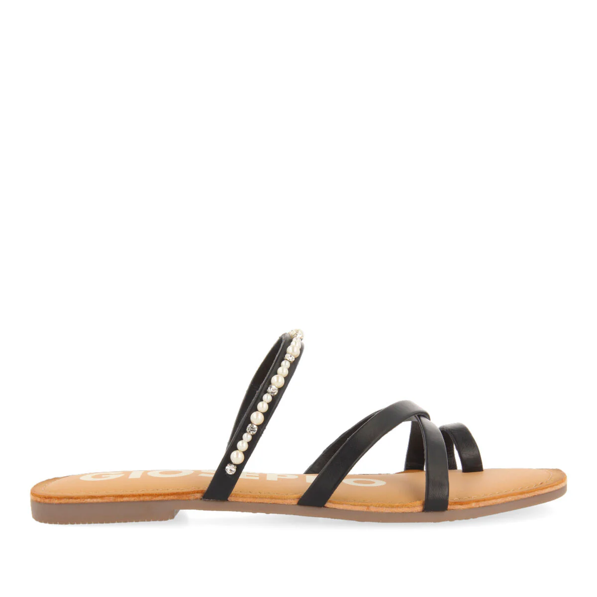 BLACK FLAT SANDALS WITH PEARL DETAILS FOR WOMAN LEBU