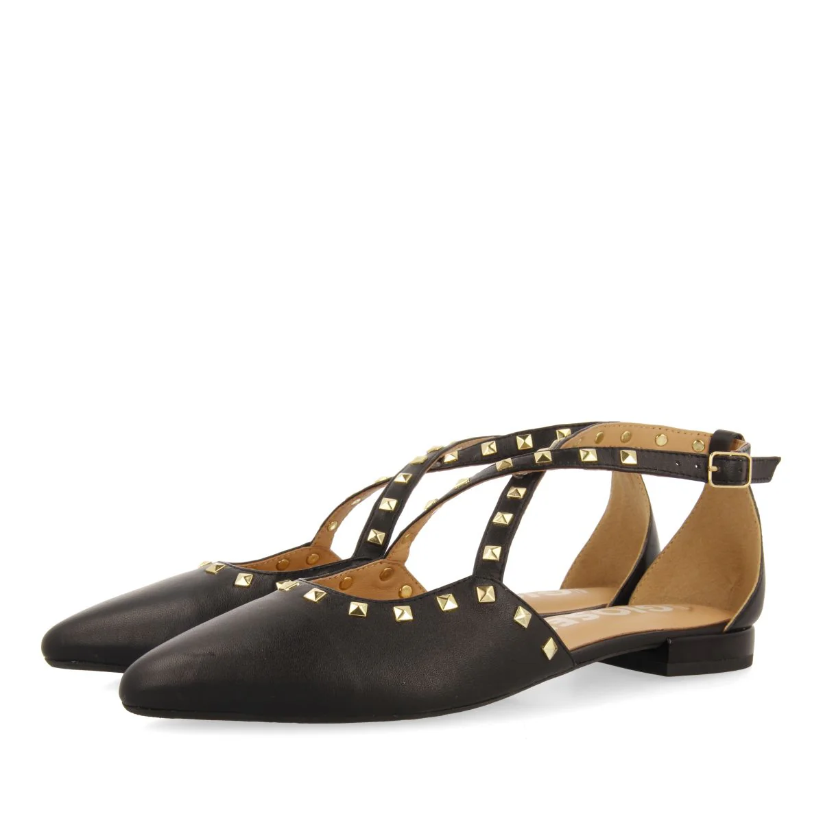 BLACK LEATHER BALLERINAS WITH POINTED TOE AND STUD DETAIL FOR WOMEN GARCON - Image 2