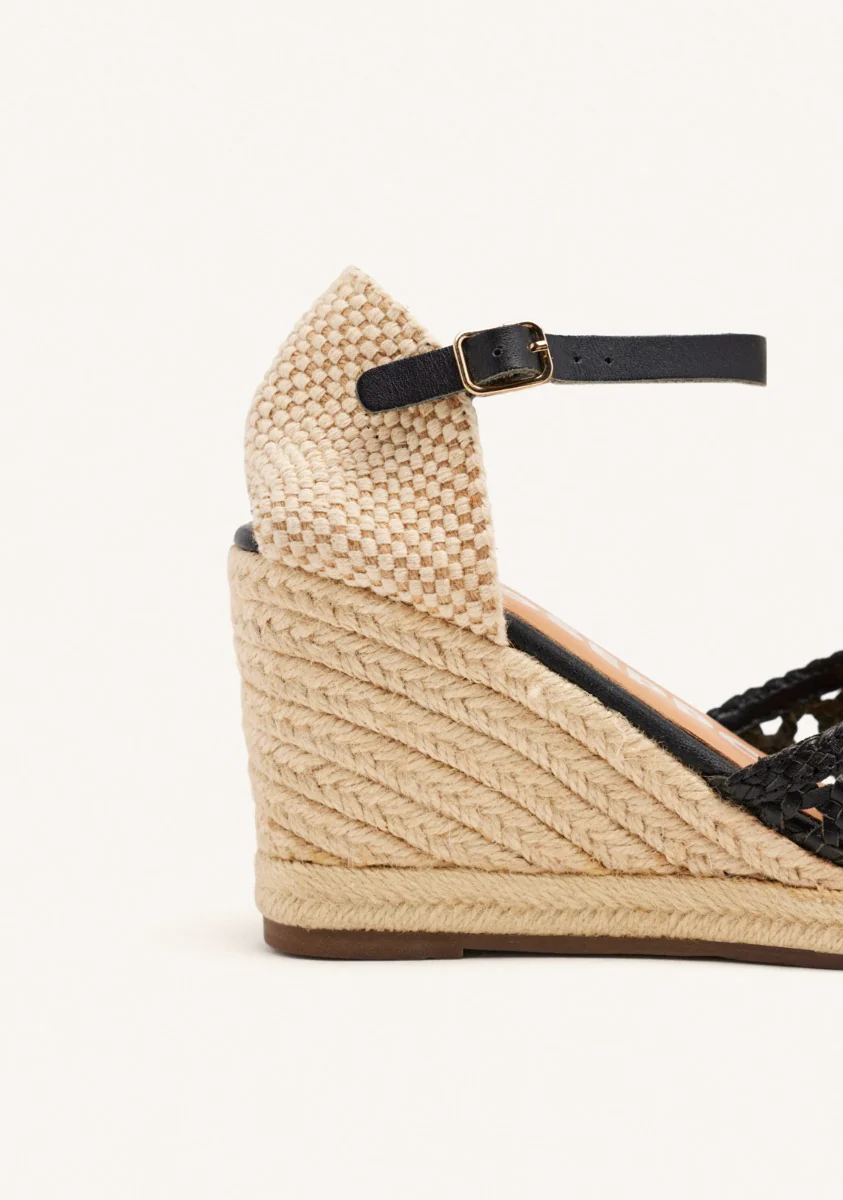 BLACK LEATHER BRAIDED WEDGE ESPADRILLES FOR WOMEN SERIGNAN - Image 4