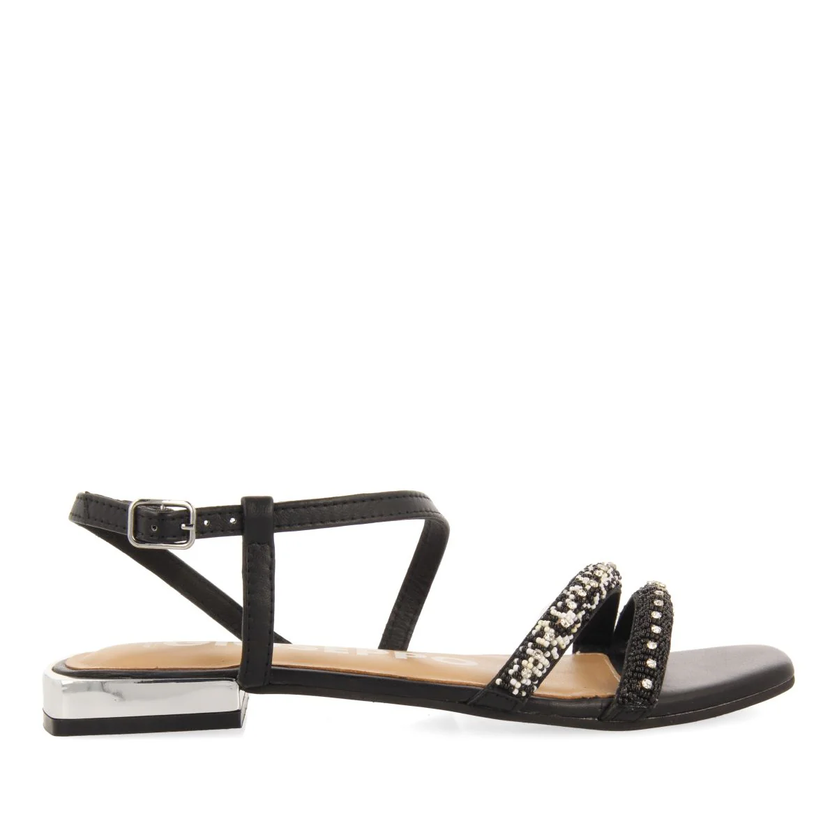 BLACK LEATHER SANDALS WITH STONES FOR WOMEN LANDKEY