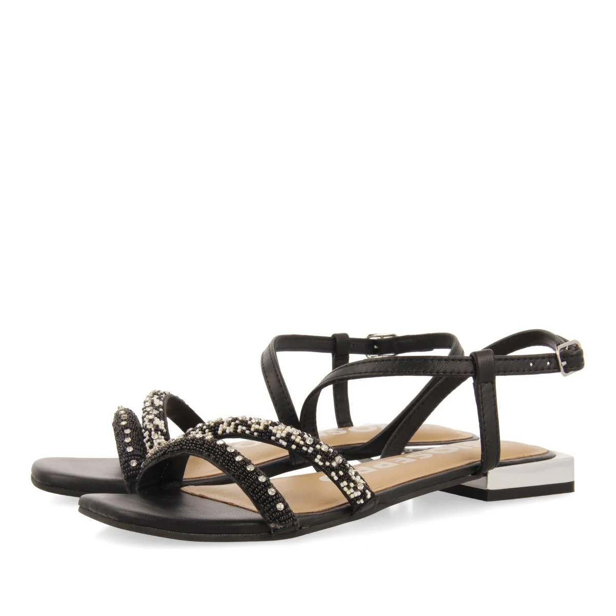 BLACK LEATHER SANDALS WITH STONES FOR WOMEN LANDKEY - Image 2