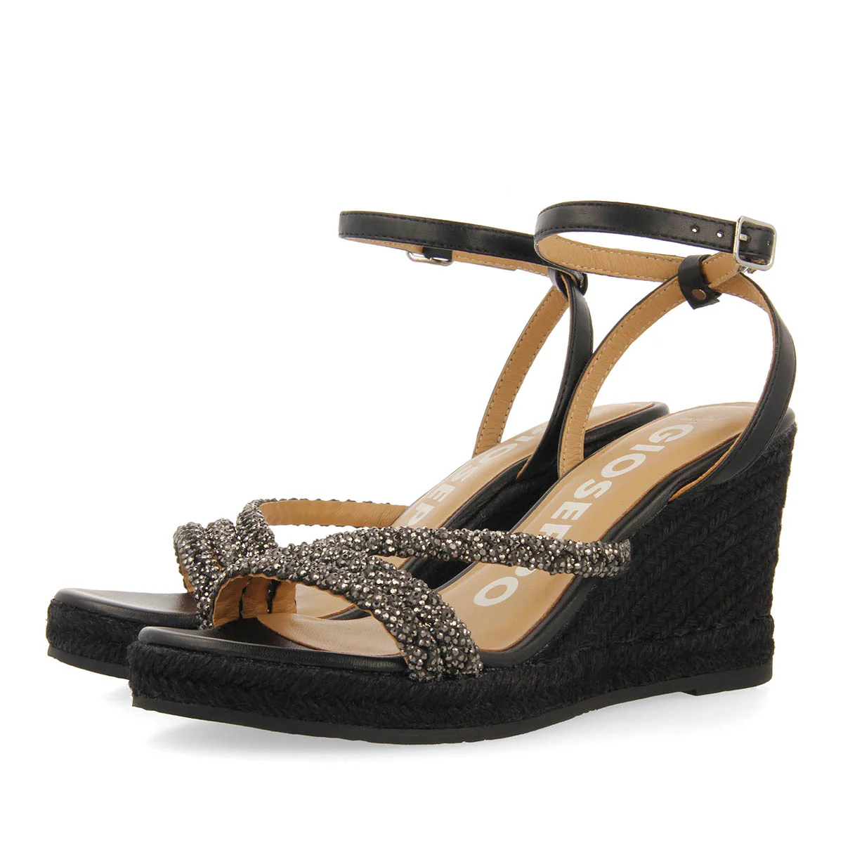 BLACK LEATHER SANDALS WITH STRAPS WITH EMBELLISHMENTS AND HIGH JUTE WEDGE FOR WOMEN MENFI - Image 3