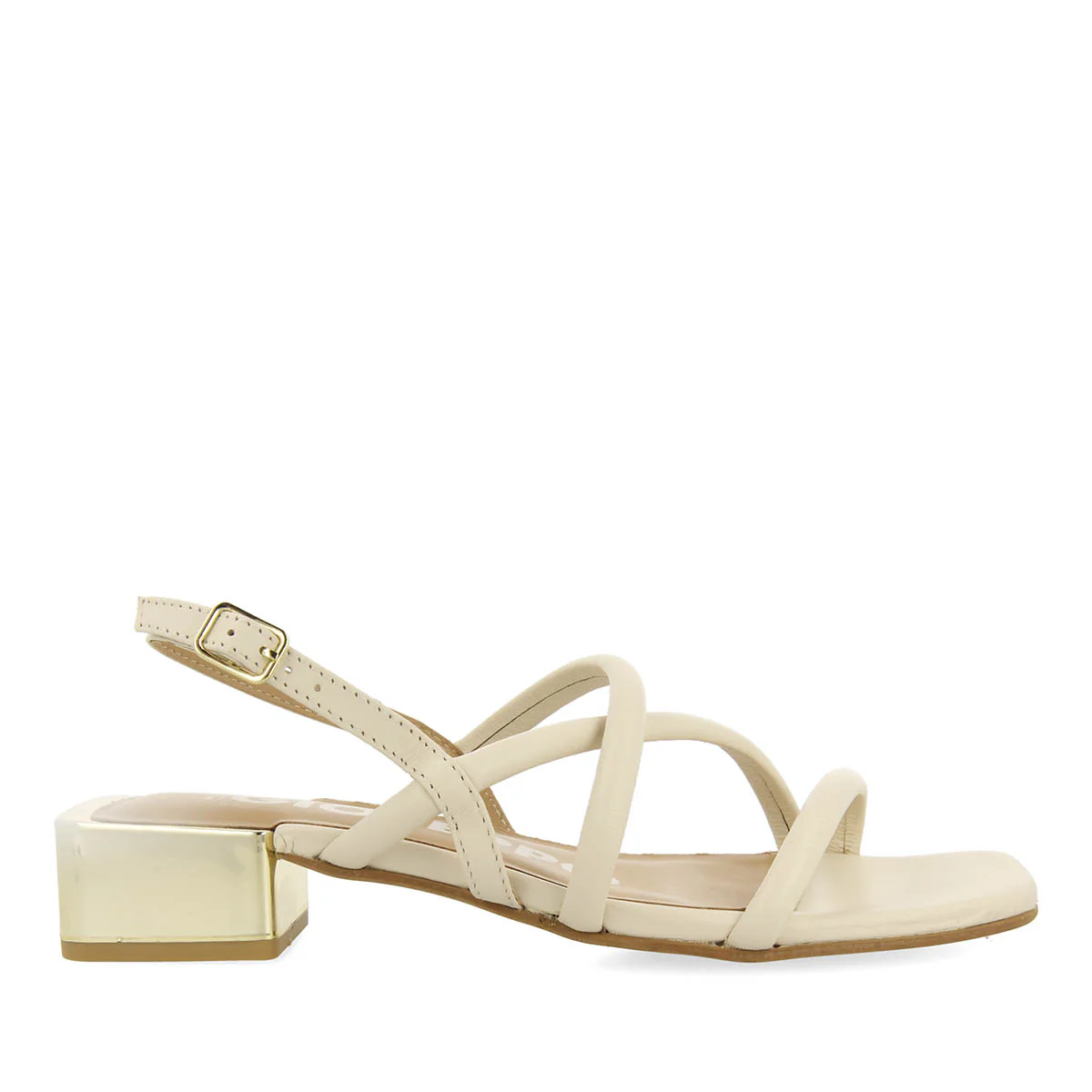 Caloocan women's off-white leather sandals with metallic heels