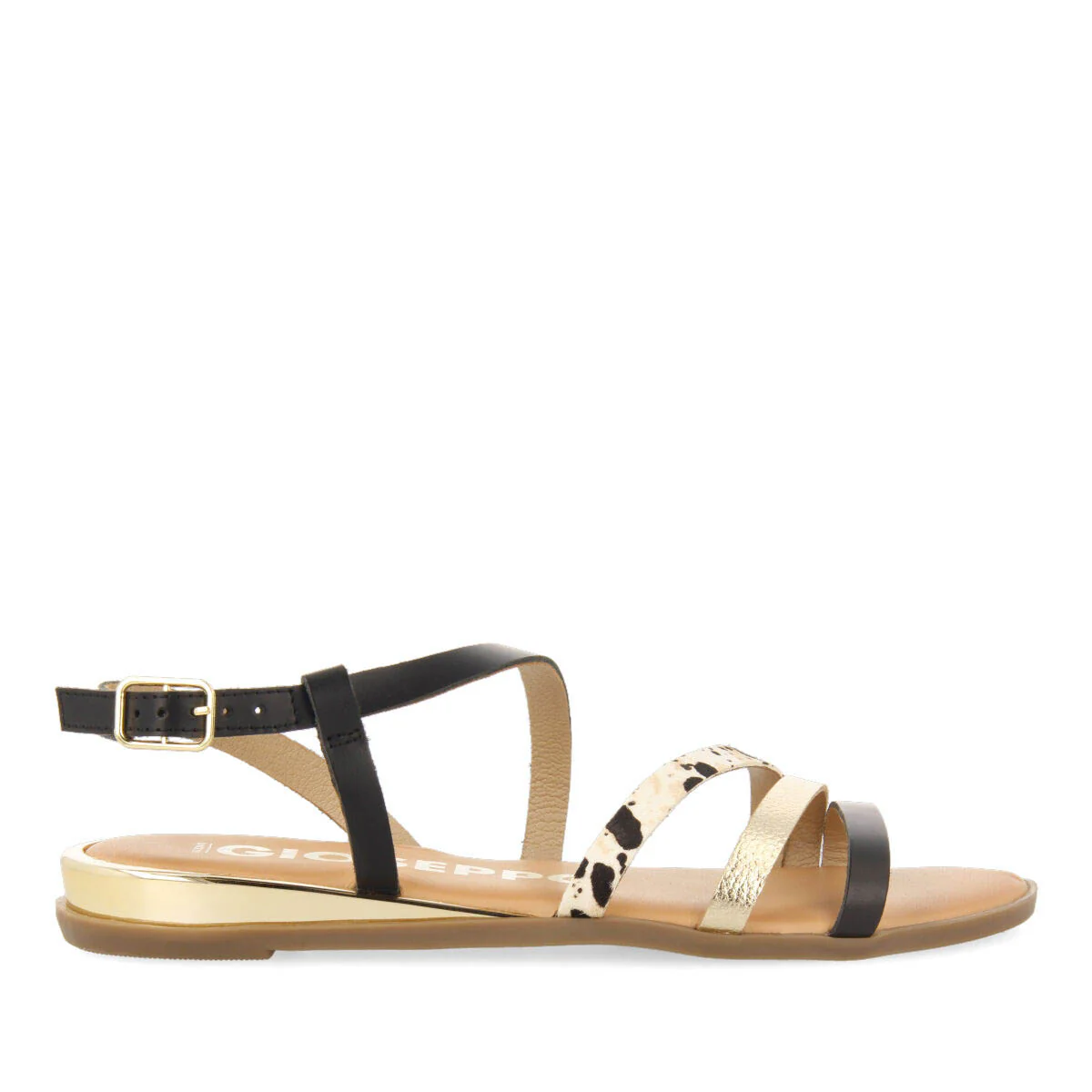 Corumba women's sandals with black, gold and animal-print straps