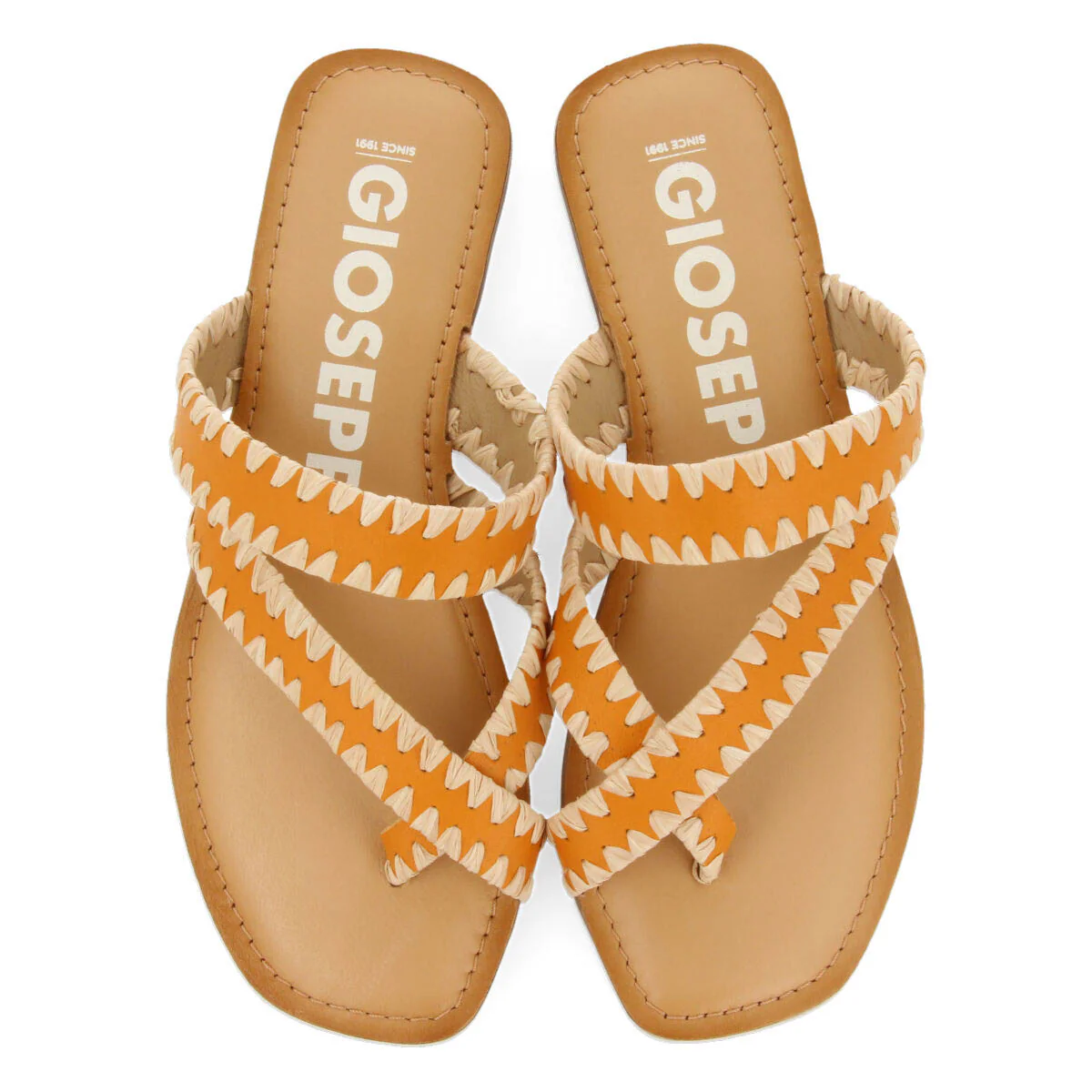 Goias women's orange leather sandals with decorative raffia stitching - Image 4