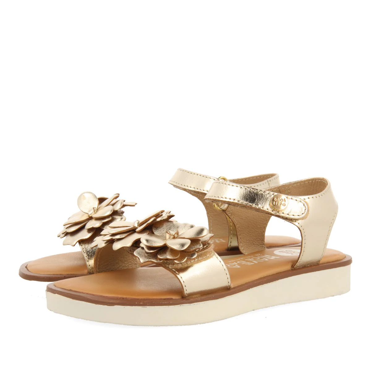 GOLDEN LEATHER SANDALS WITH FLOWER DECORATION FOR GIRL AND BOY NEHALEM - Image 2