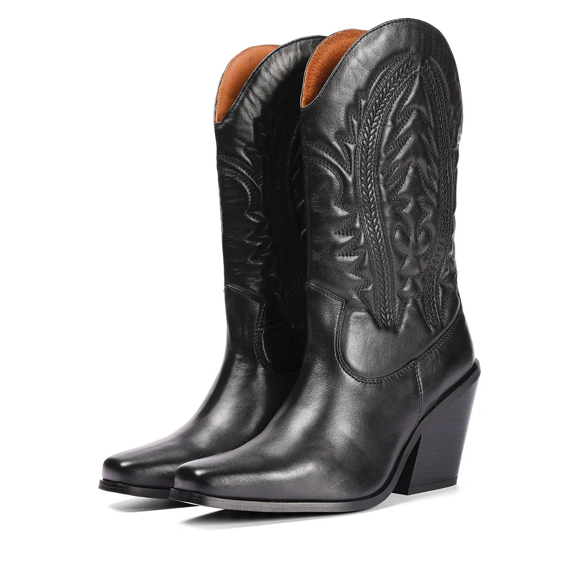 Herlev women's black leather cowboy boots with embroidered details - Image 3