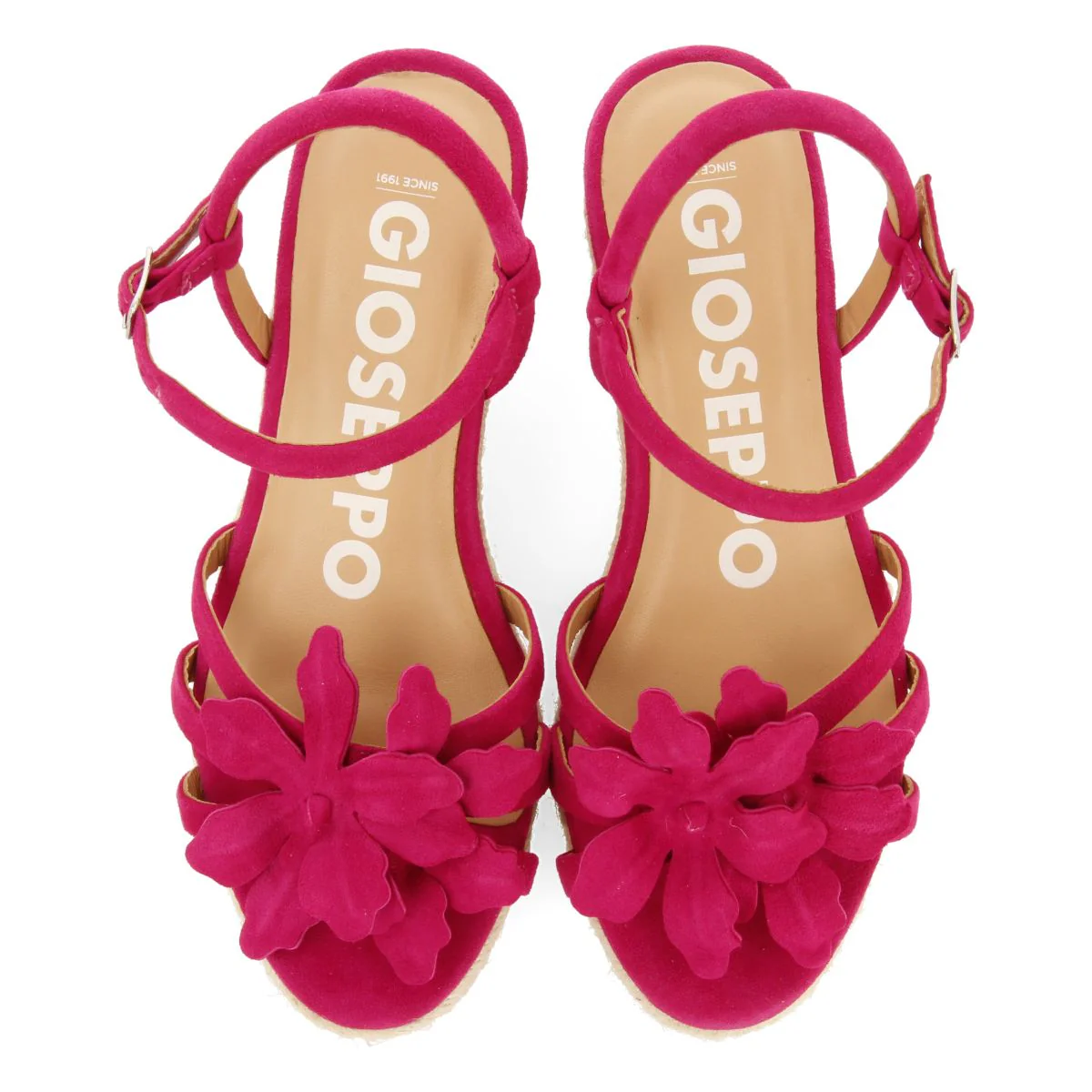 LEATHER FUCHSIA SANDALS WITH FLOWER EMBELLISHMENT AND JUTE WEDGE FOR WOMEN SAMSULA - Image 4