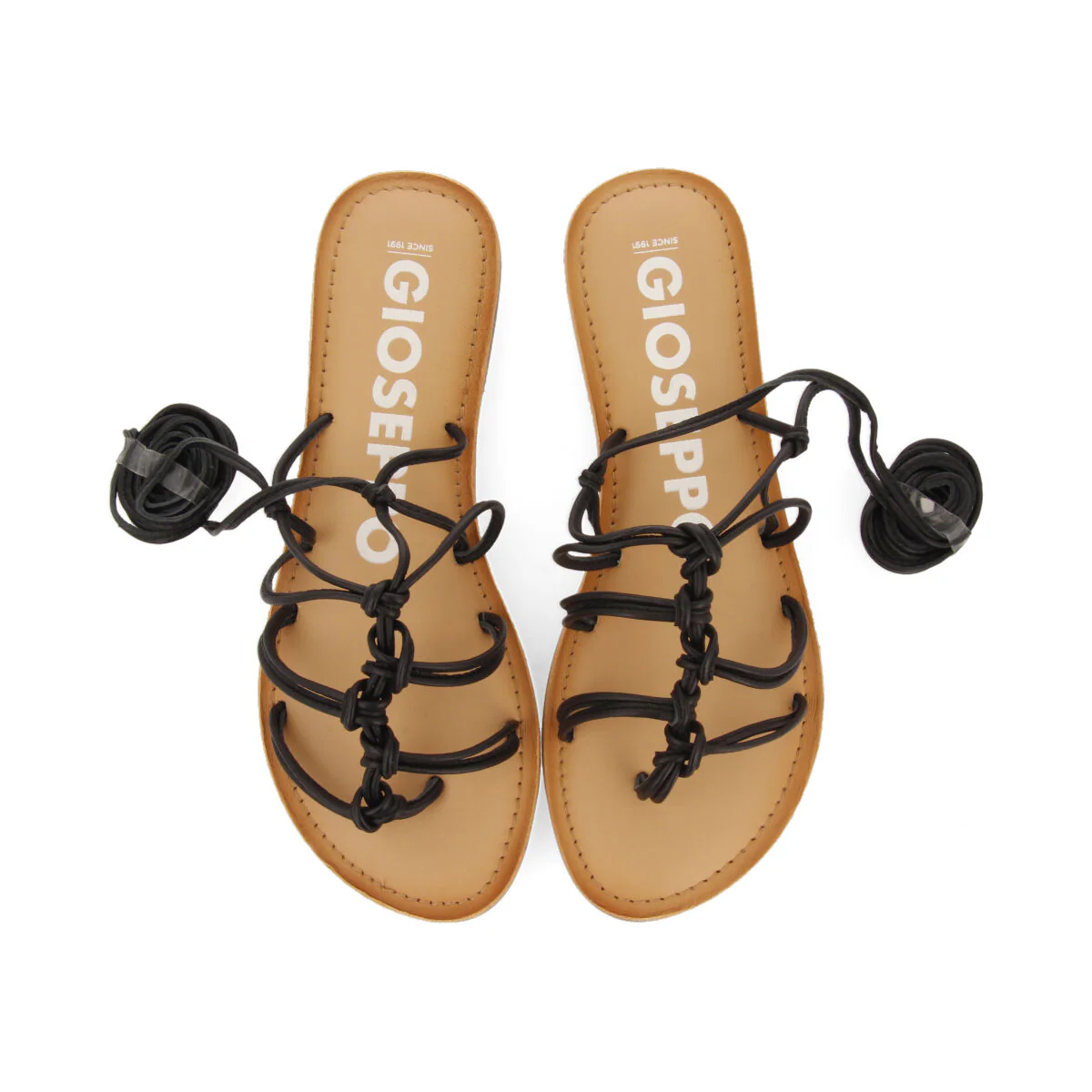 Mambai women's flat black leather sandals with thin straps and decorative knots - Image 3