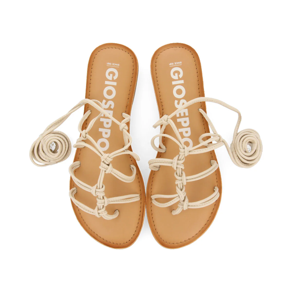 Mambai women's flat off-white leather sandals with thin straps and decorative knots - Image 3