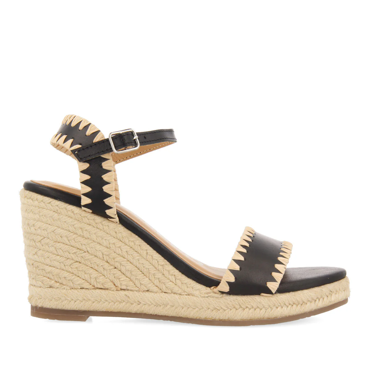 Neiva women's black leather sandals with topstitching and jute wedges - Image 2