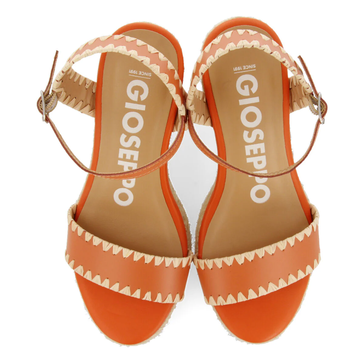 Neiva women's orange leather sandals with topstitching and jute wedges - Image 4