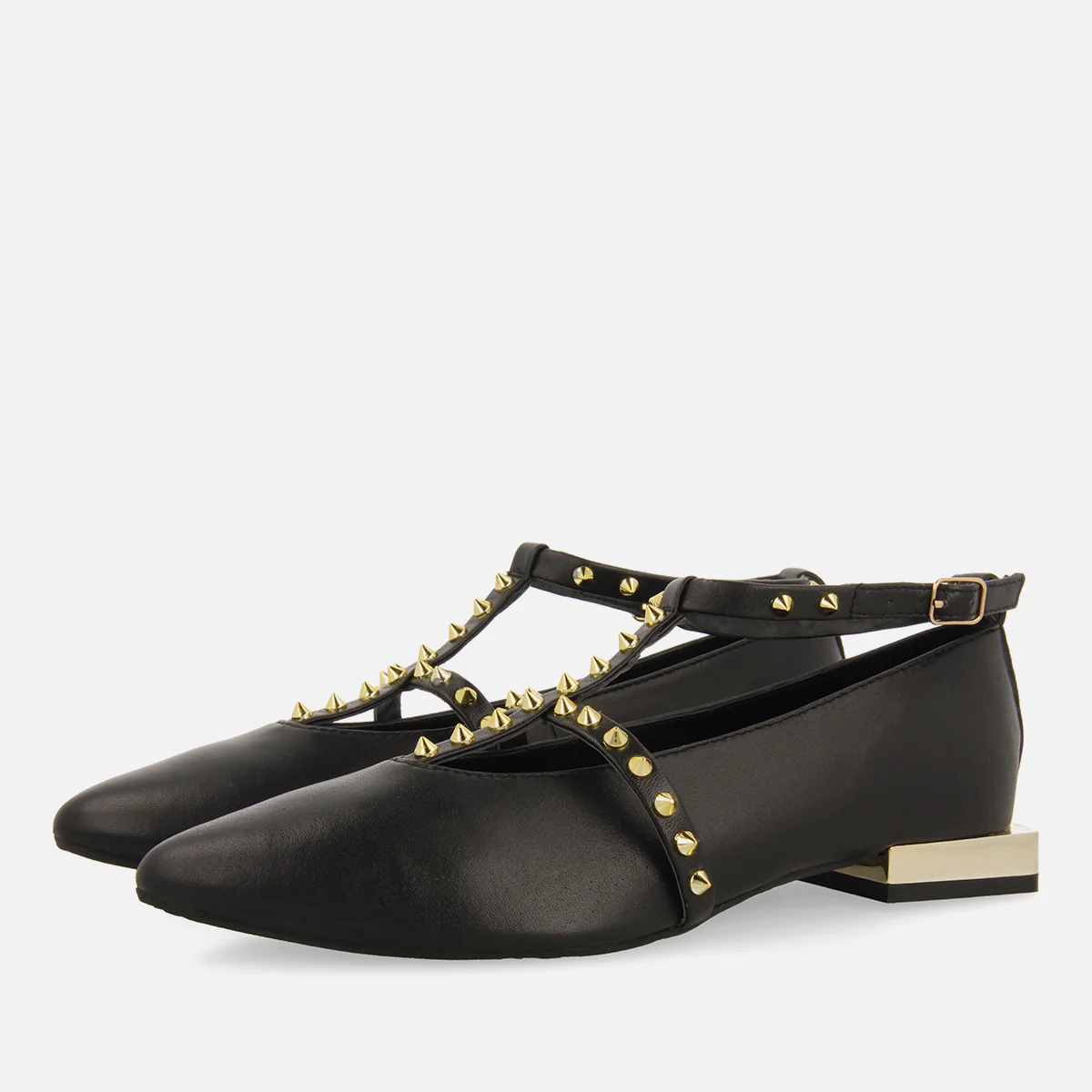 Nyborg women's black leather ballet flats with straps and decorative studs - Image 2