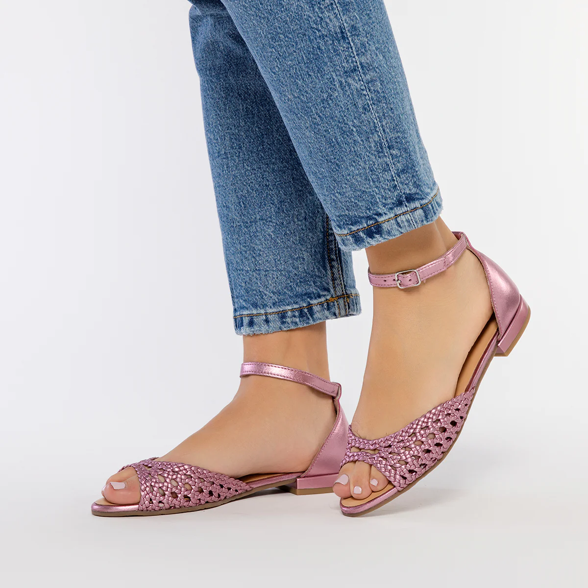 PINK OPEN-TOE LEATHER BALLET FLATS WITH BRAIDED DETAIL AND ANKLE STRAP CLOSURE FOR WOMEN MAUPIN - Image 2
