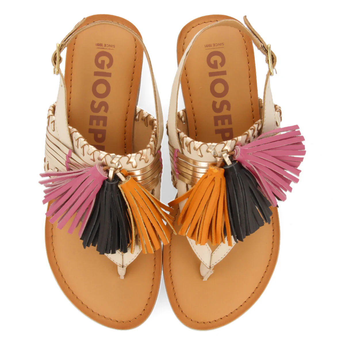 Piritu women's white and gold sandals with tassels - Image 3