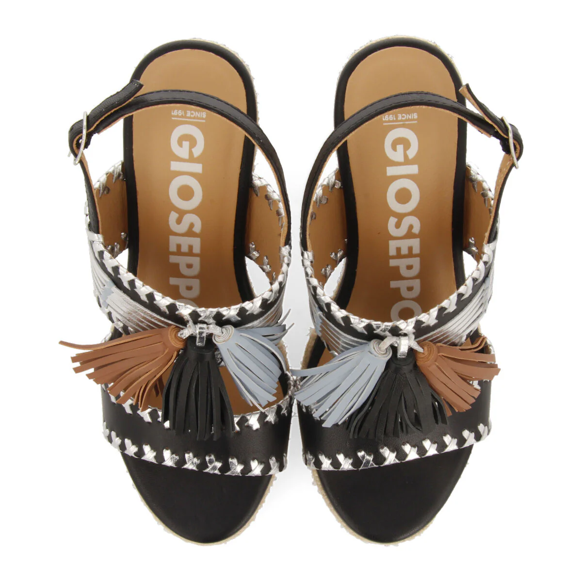 Silvania women's black sandals with decorative stones and jute wedges - Image 3